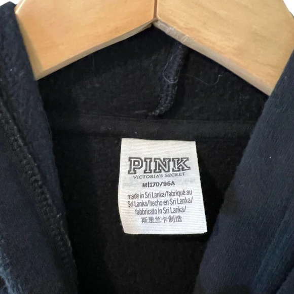 Vicorias Secret PINK Black Hooded Pullover Sweatshirt Front Logo Drawstrings Top - Picture 4 of 4